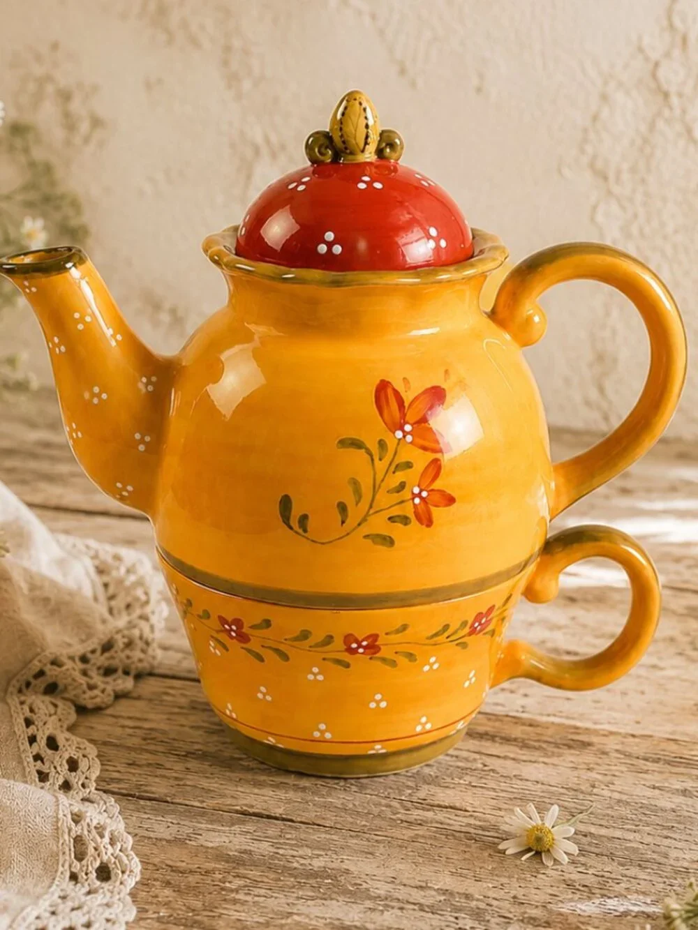 Vintage French Country Teapot & Matching Tea Cup Bienvenue by Demdaco